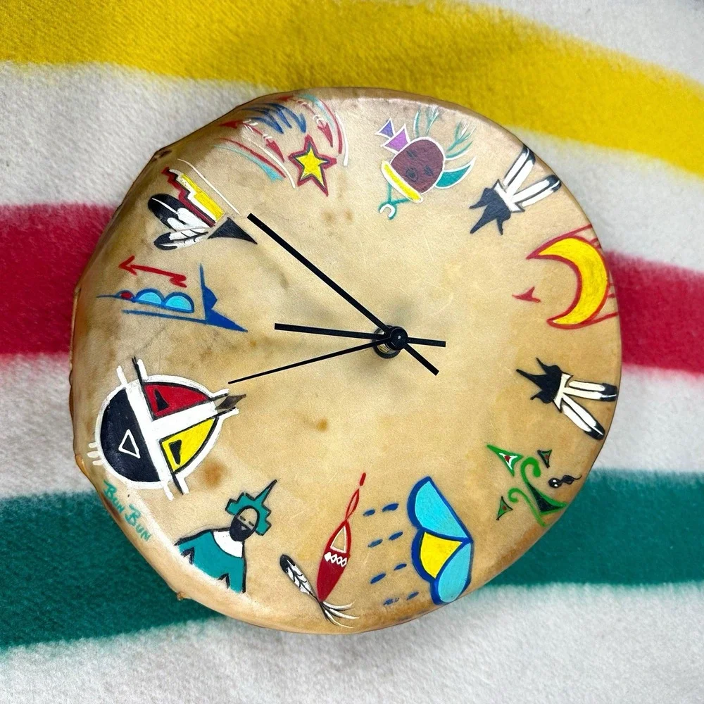 VTG Native American Clock Drum Cow Hyde Wood Symbols - WORKS‎ Artist 